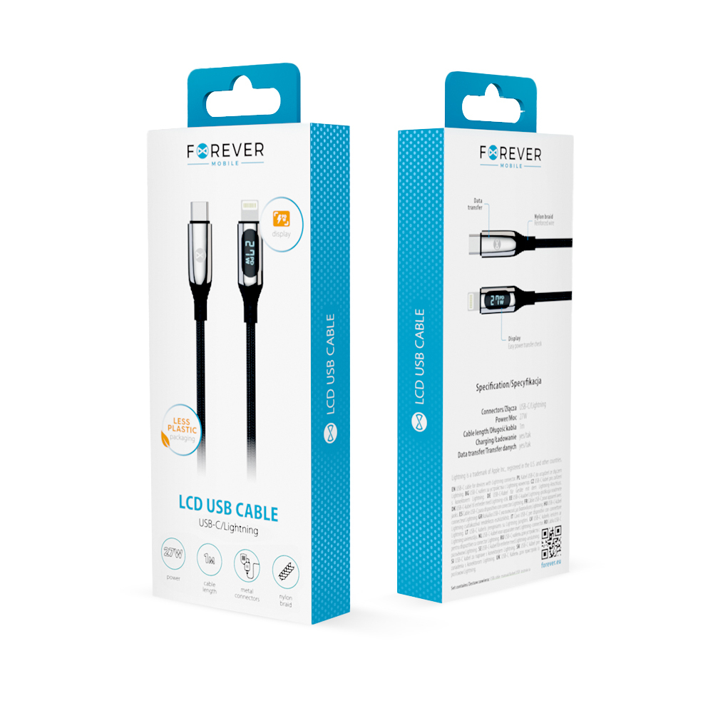 Forever LCD-kabel USB-C – Lightning 1,0 m 27W svart
