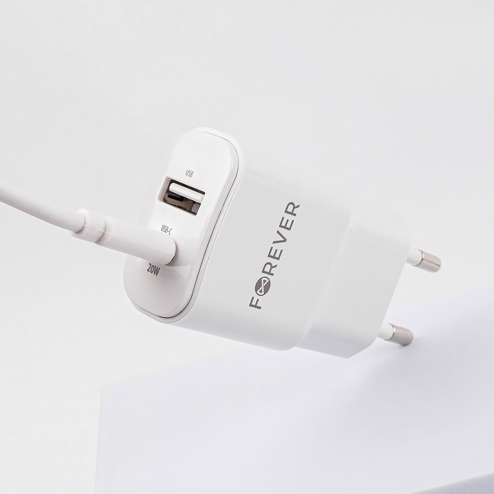 Forever TC-01-20AC PD QC charger 1x USB-C 1x USB 20W white