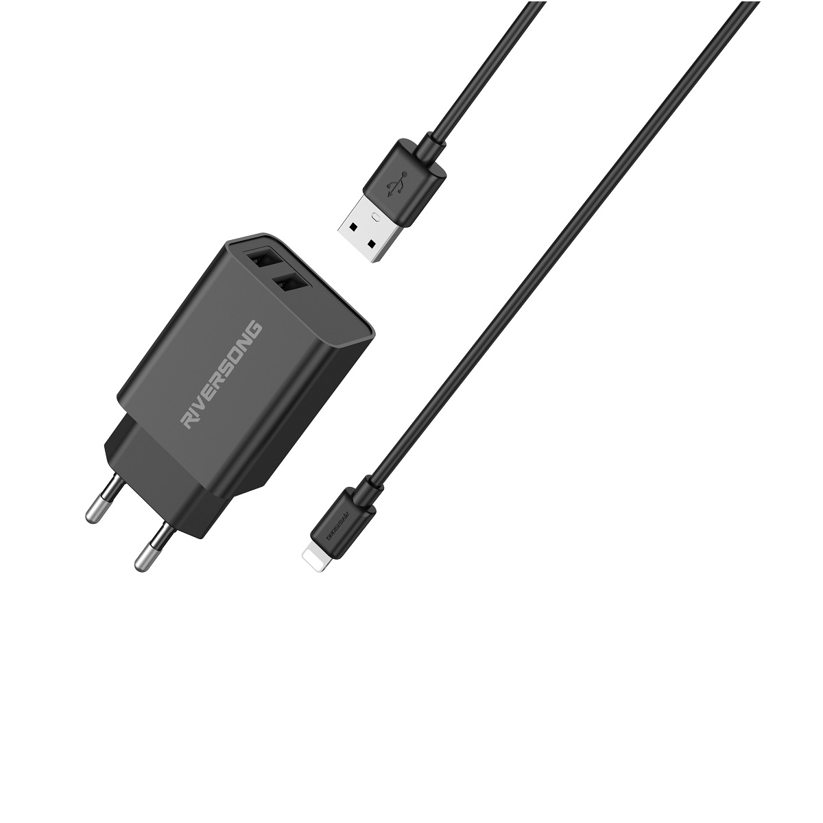 Riversong väggladdare SafeKub D2 2x USB 12W svart + kabel USB – Lightning AD29 + CL85