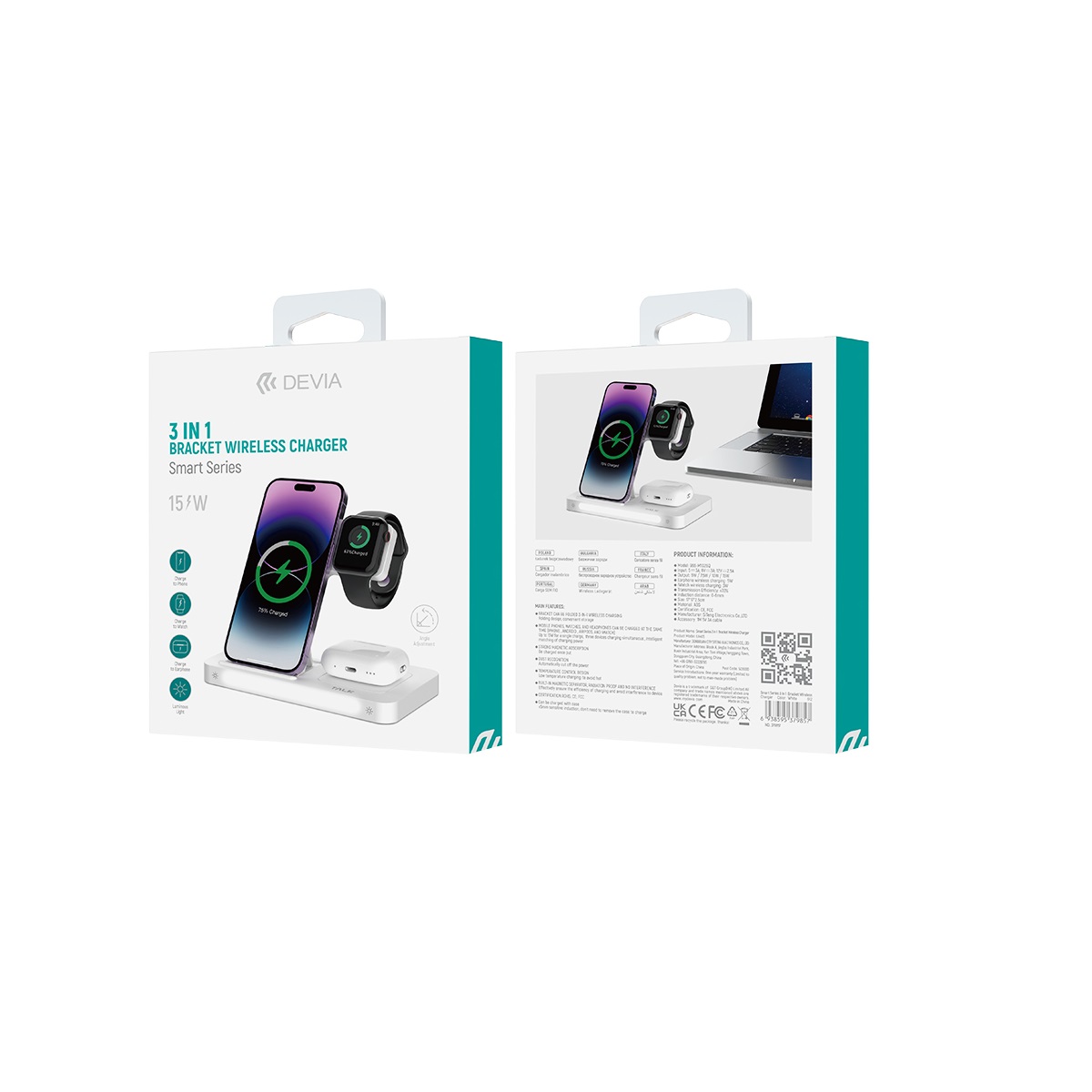 Devia wireless charger 3in1 Smart 15W white with lamp