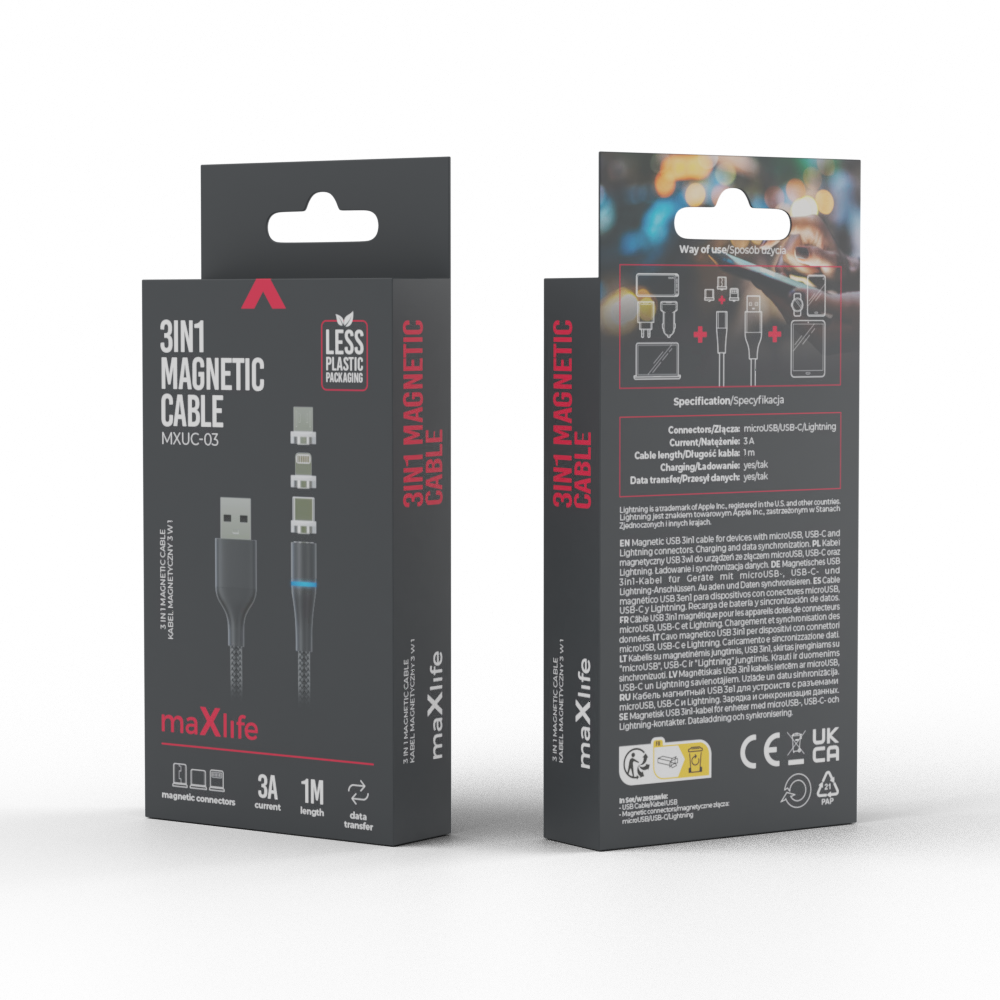 Maxlife MXUC-03 magnetkabel USB – Lightning + USB-C + microUSB 1,0 m 3A svart nylon