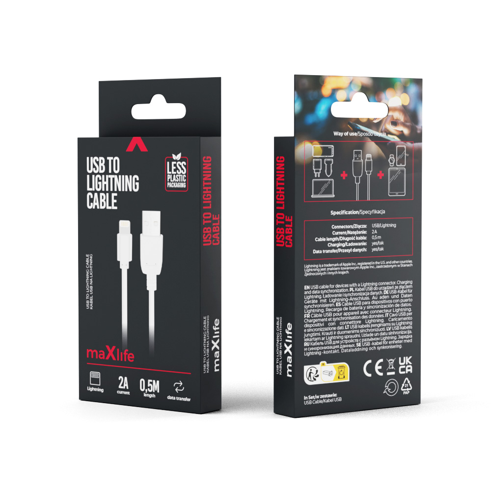 Maxlife-kabel USB – Lightning 0,5 m 2A vit