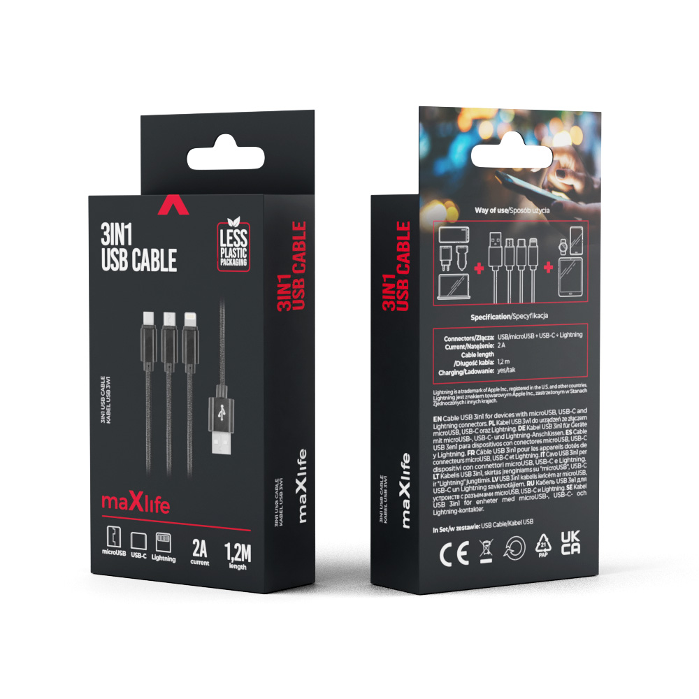 Maxlife 3in1 cable USB – Lightning + USB-C + microUSB 1,0 m 2,1A black nylon