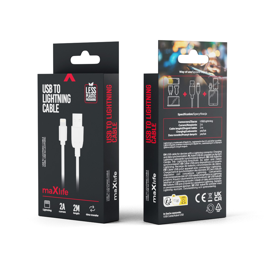 Maxlife cable USB – Lightning 2,0 m 2A white