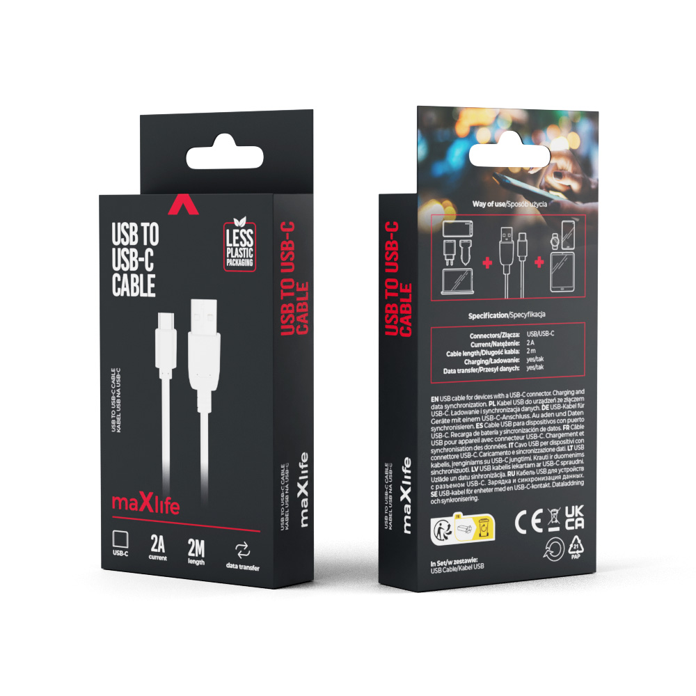 Maxlife cable USB – USB-C 2,0 m 2A white