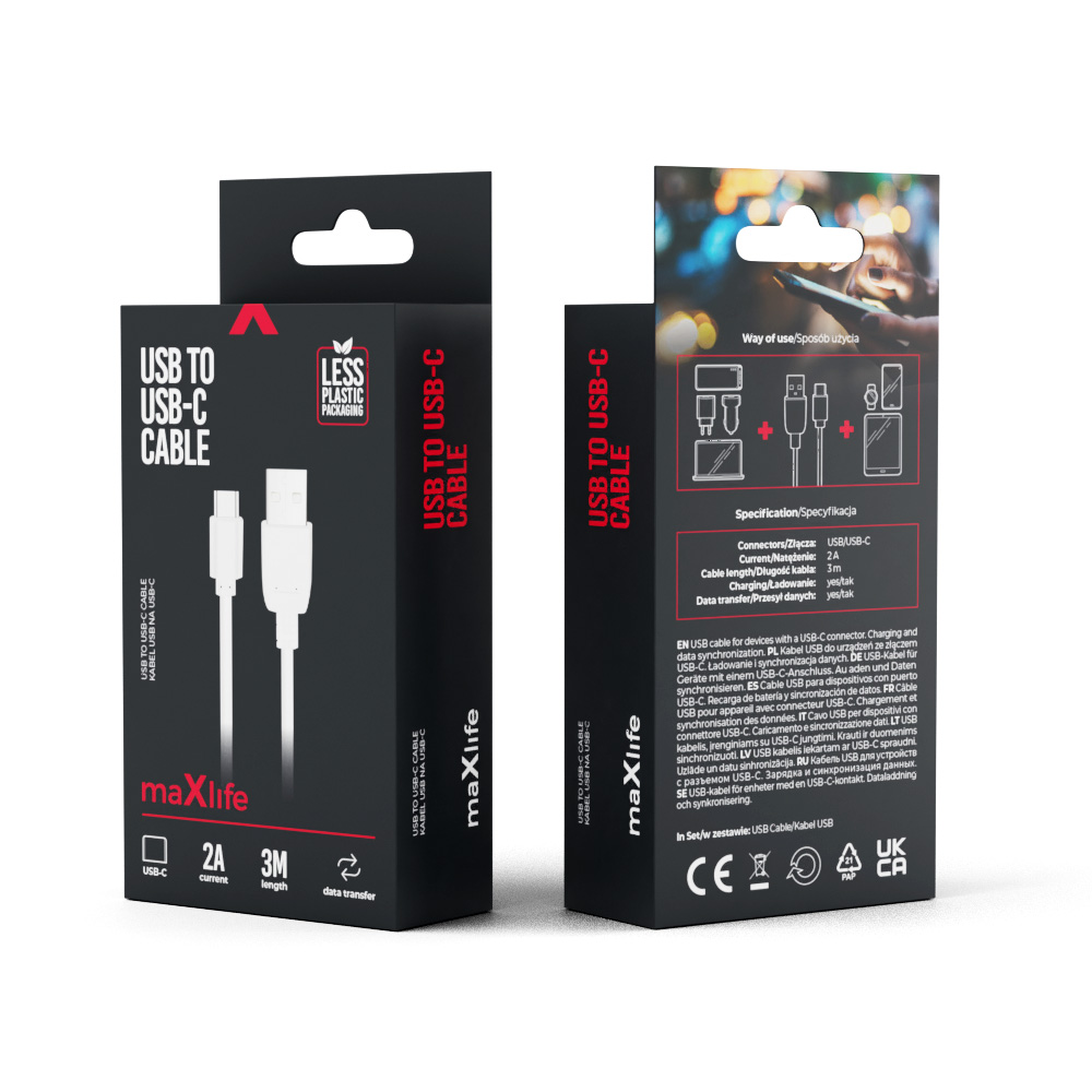 Maxlife cable USB – USB-C 3,0 m 2A white