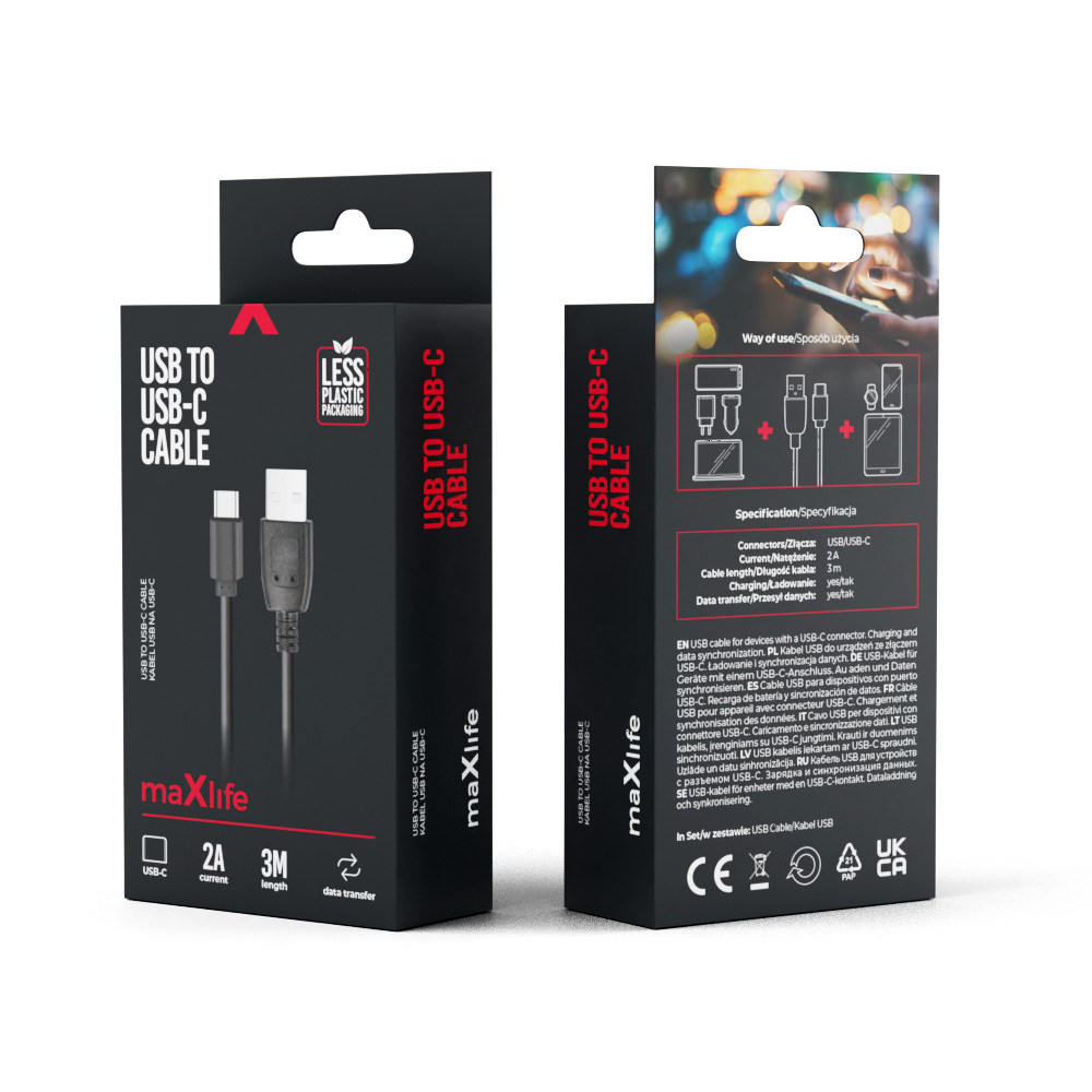Maxlife cable USB – USB-C 3,0 m 2A black