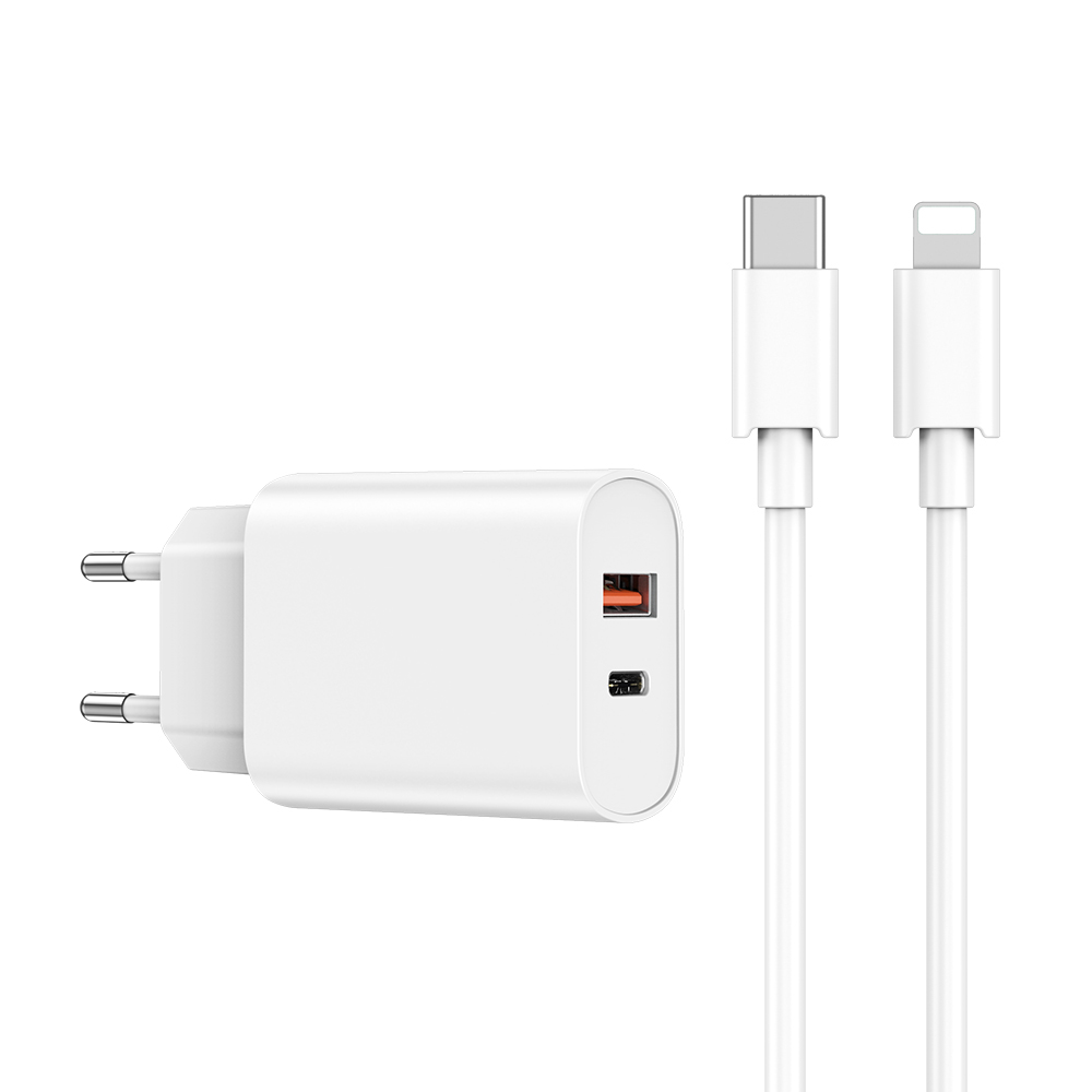 WIWU väggladdare Wi-U002 PD + QC 20W 1x USB 1x USB-C vit + kabel USB-C – Lightning