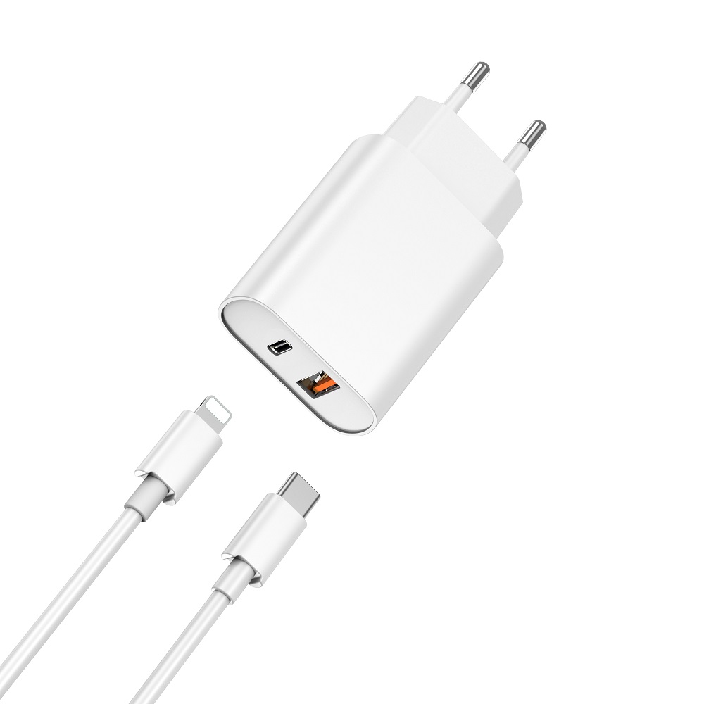 WIWU väggladdare Wi-U002 PD + QC 20W 1x USB 1x USB-C vit + kabel USB-C – Lightning