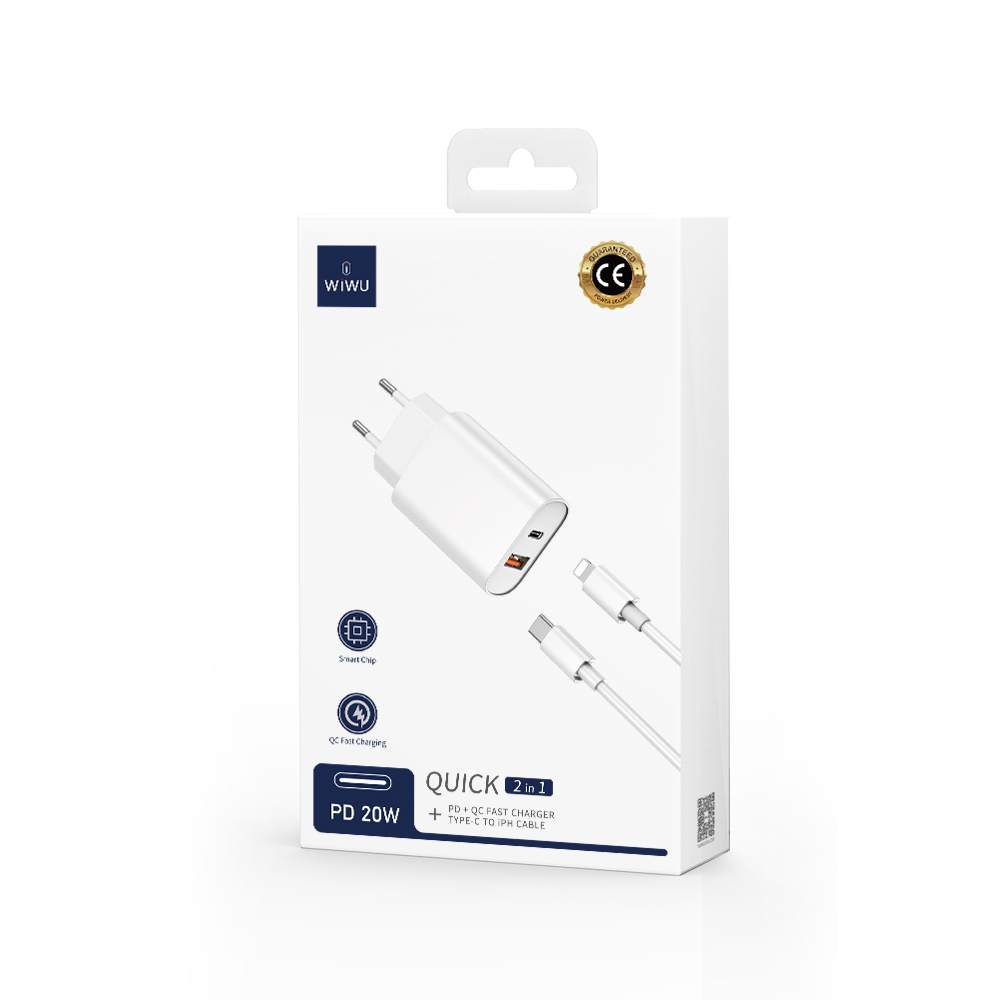 WIWU väggladdare Wi-U002 PD + QC 20W 1x USB 1x USB-C vit + kabel USB-C – Lightning