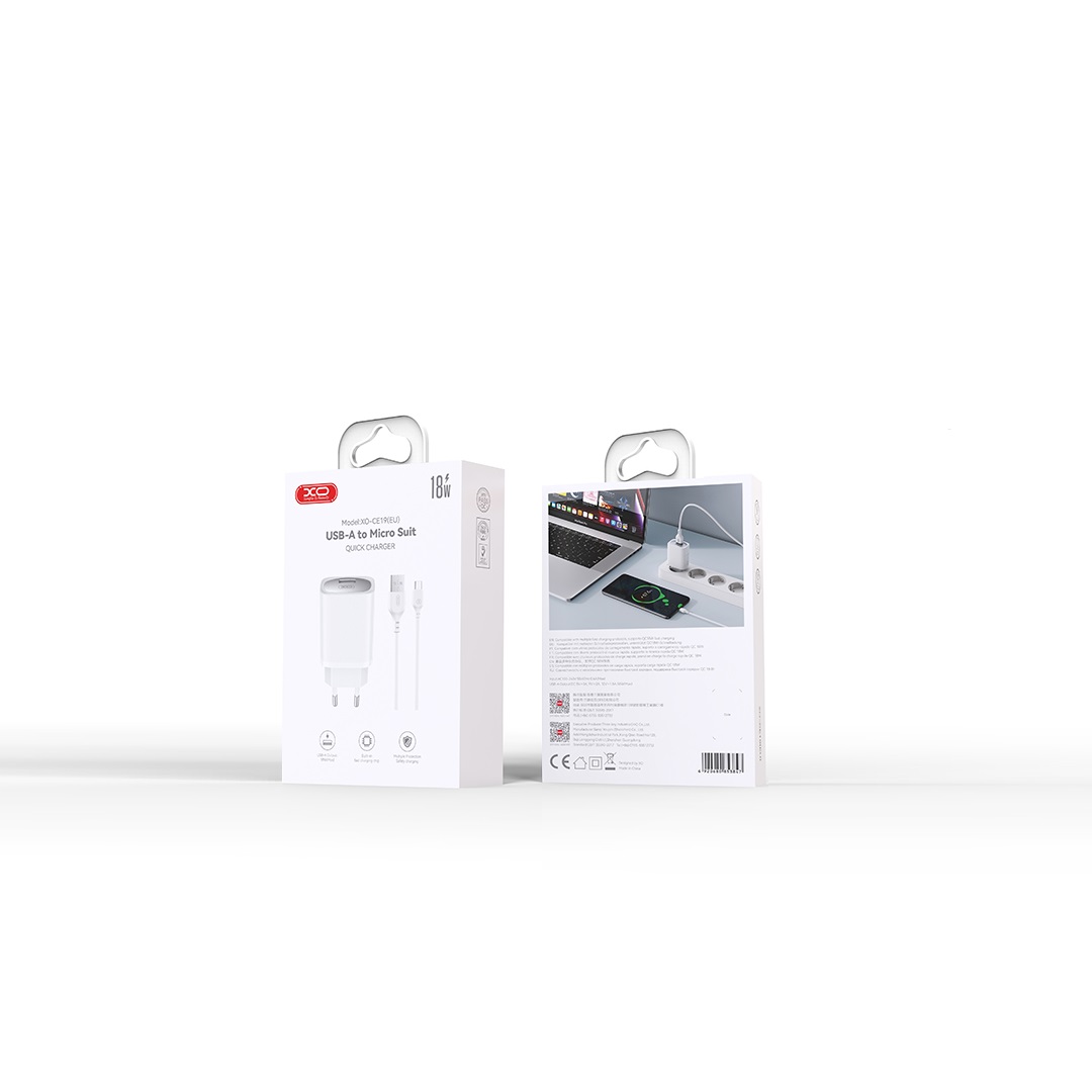 XO väggladdare CE19 QC 18W 1x USB vit + kabel microUSB