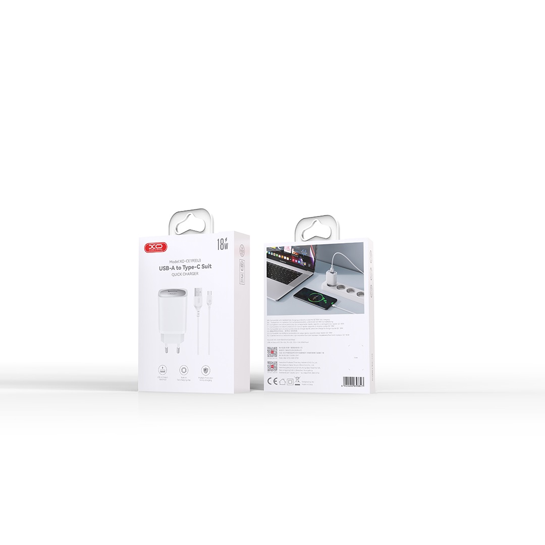 XO väggladdare CE19 QC 18W 1x USB vit + USB-C-kabel