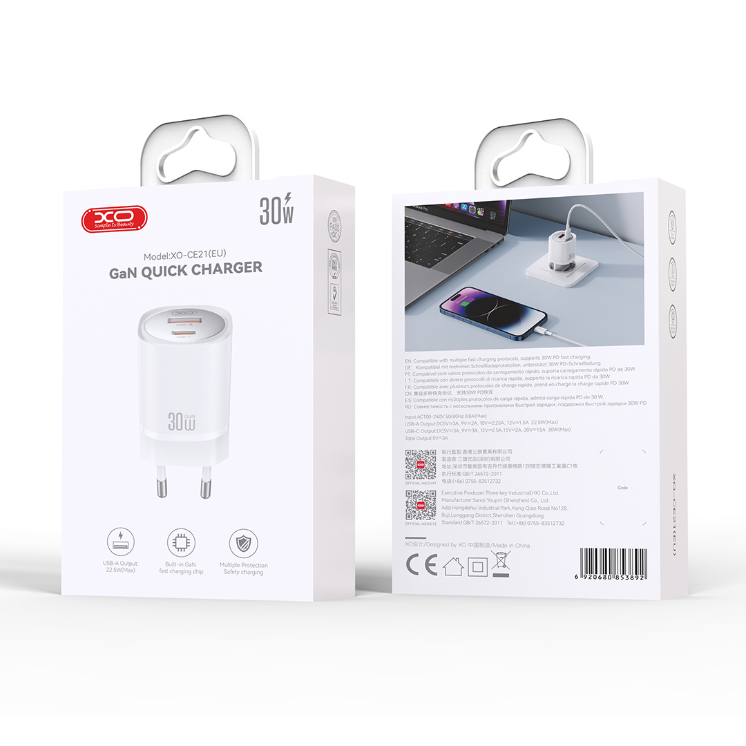 XO wall charger CE21 PD 30W 1x USB-C 1x USB white