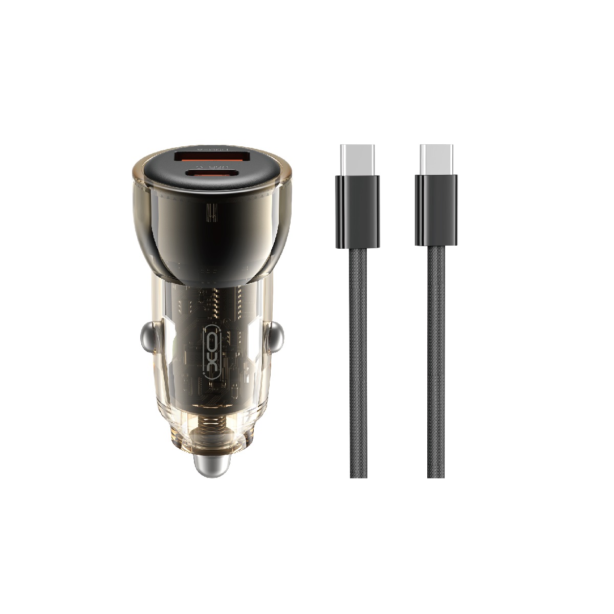 XO car charger CC60 60W 1x USB 1x USB-C black + USB-C – USB-C cable