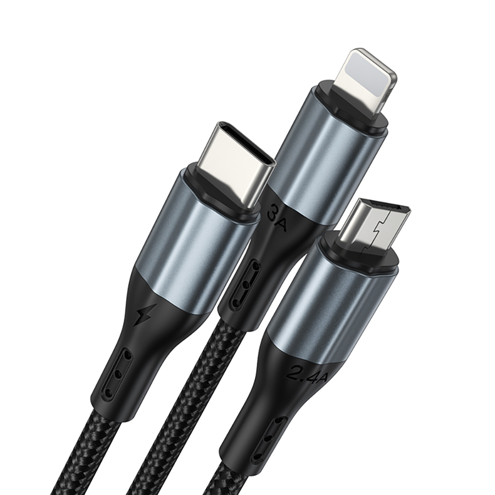 BWOO 3-i-1-kabel USB – USB-C, Lightning, Micro USB 1m 3A X274 svart