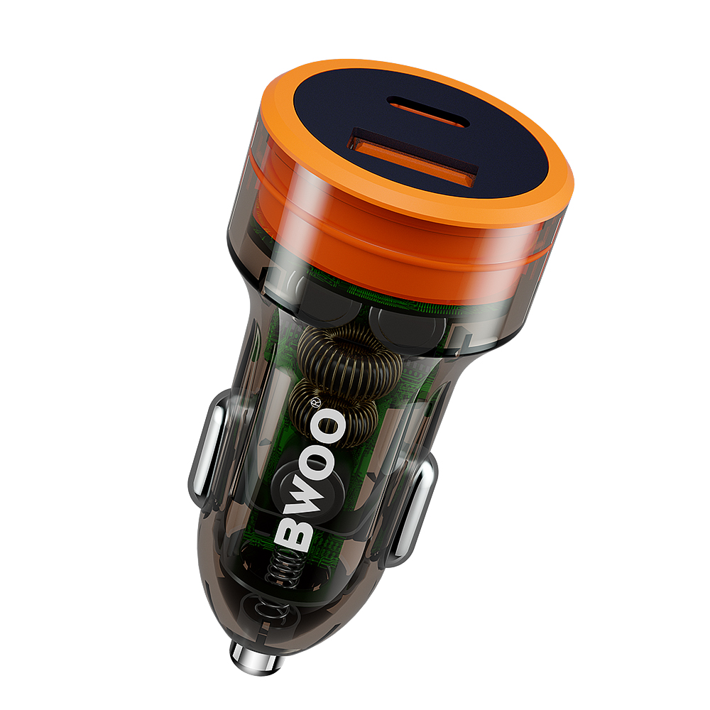 BWOO PD car charger 1x USB-C – USB-A port 38W transparent