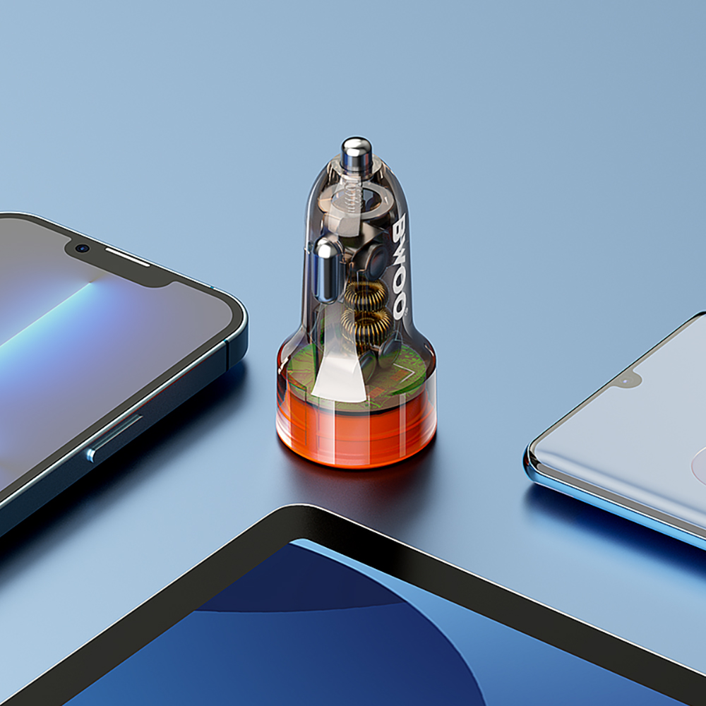 BWOO PD car charger 1x USB-C – USB-A port 38W transparent