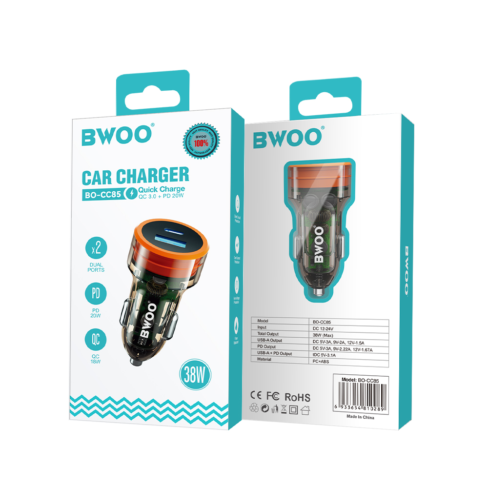 BWOO PD car charger 1x USB-C – USB-A port 38W transparent