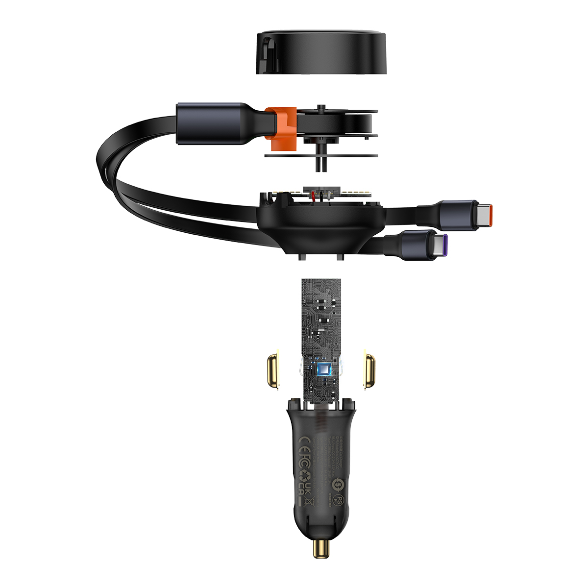 Baseus bil-laddare Enjoyment Retractable 2w1 30W svart med kabel 2x USB-C