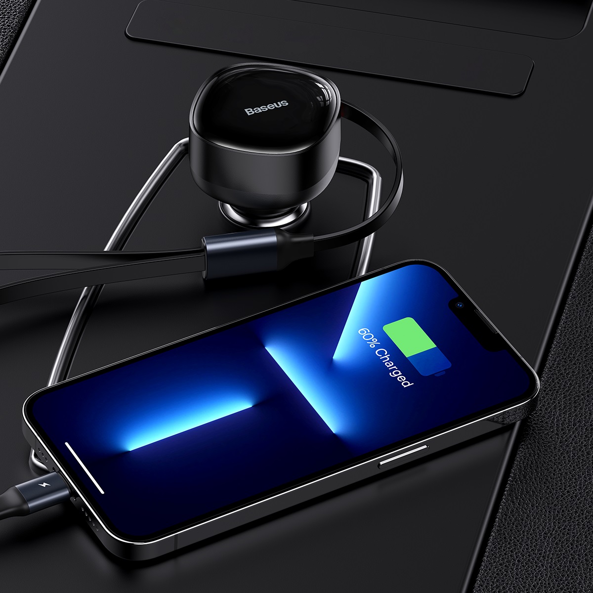 Baseus biladapter Enjoyment Retractable 2w1 30W svart med kabel 1x USB-C 1x Lightning