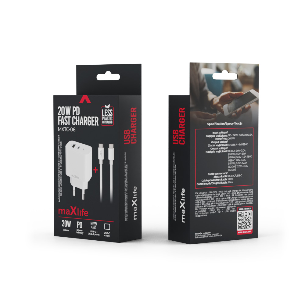 Maxlife MXTC-06-20AC PD QC charger 1x USB-C 1x USB 20W white + USB-C – USB-C cable 20W