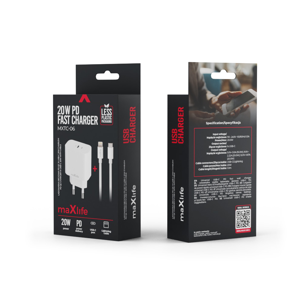 Maxlife MXTC-06-20C PD QC charger 1x USB-C 20W white + USB-C – Lightning cable 20W