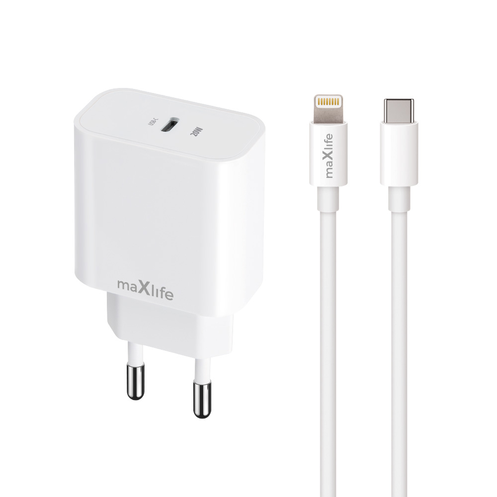 Maxlife MXTC-06-20C PD QC charger 1x USB-C 20W white + USB-C – Lightning cable 20W