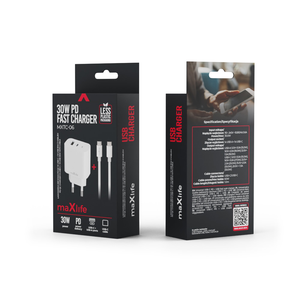 Maxlife MXTC-06-30AC PD QC charger 1x USB-C 1x USB 30W white + USB-C – USB-C cable 60W