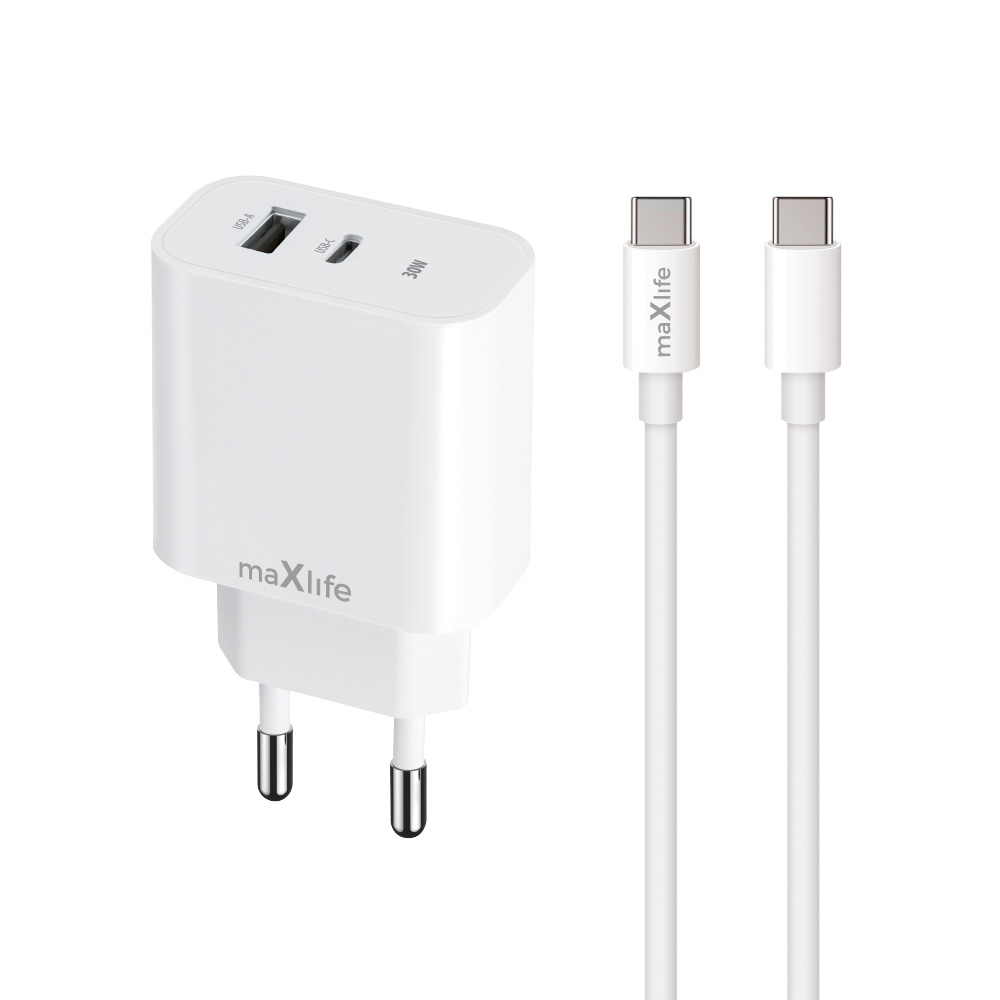 Maxlife MXTC-06-30AC PD QC charger 1x USB-C 1x USB 30W white + USB-C – USB-C cable 60W