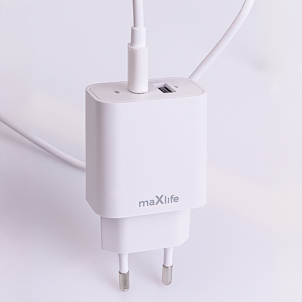 Maxlife MXTC-06-20AC PD QC charger 1x USB-C 1x USB 20W white + USB-C – USB-C cable 20W