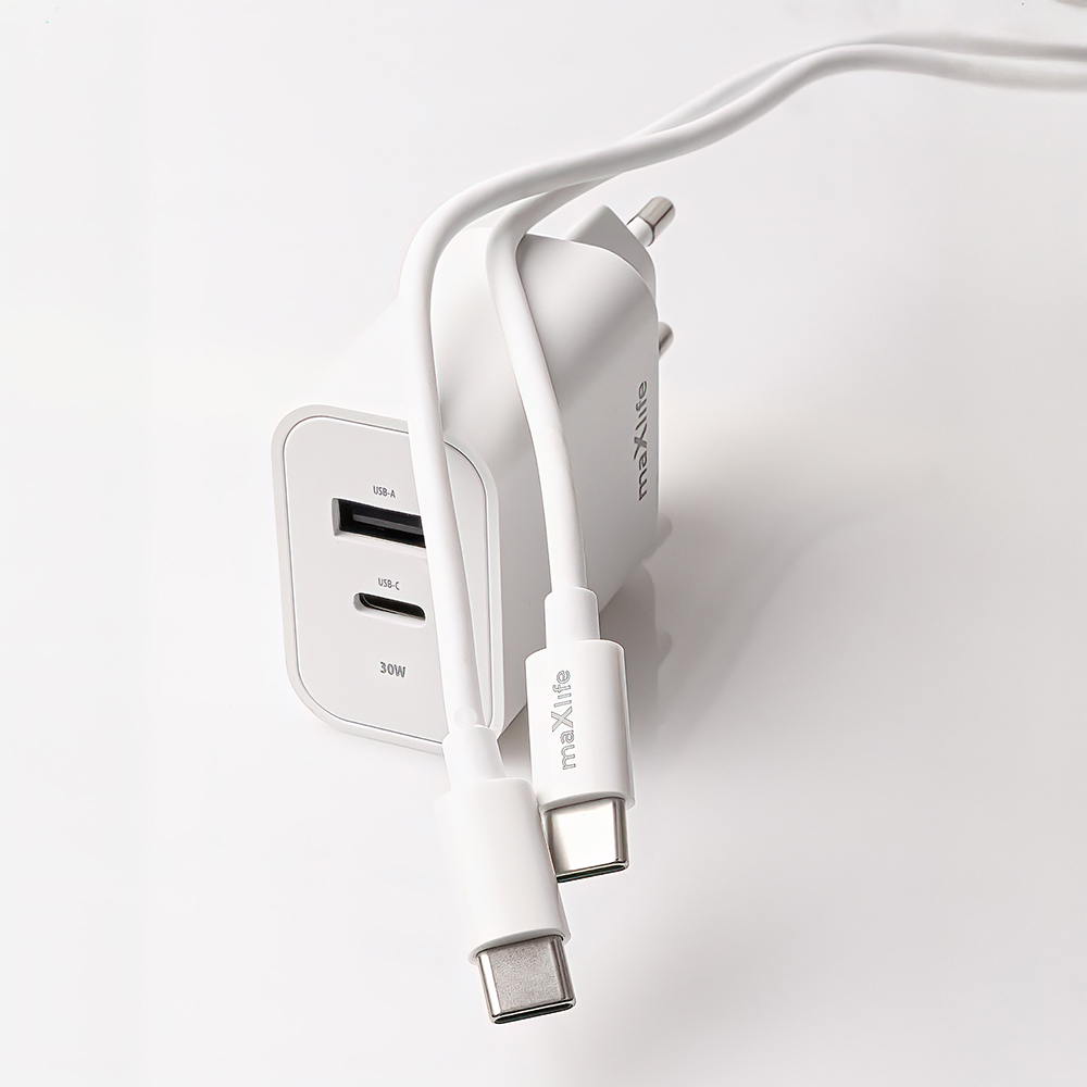 Maxlife MXTC-06-30AC PD QC charger 1x USB-C 1x USB 30W white + USB-C – USB-C cable 60W