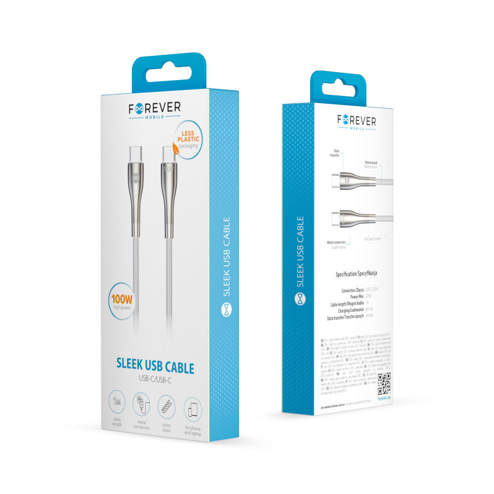 Forever Sleek cable USB-C – USB-C 1,0 m 100W white