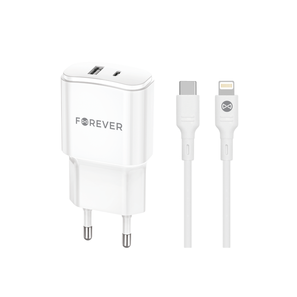 För alltid TC-01-20AC PD QC-laddare 1x USB-C 1x USB 20W vit + USB-C – Lightning-kabel 20W