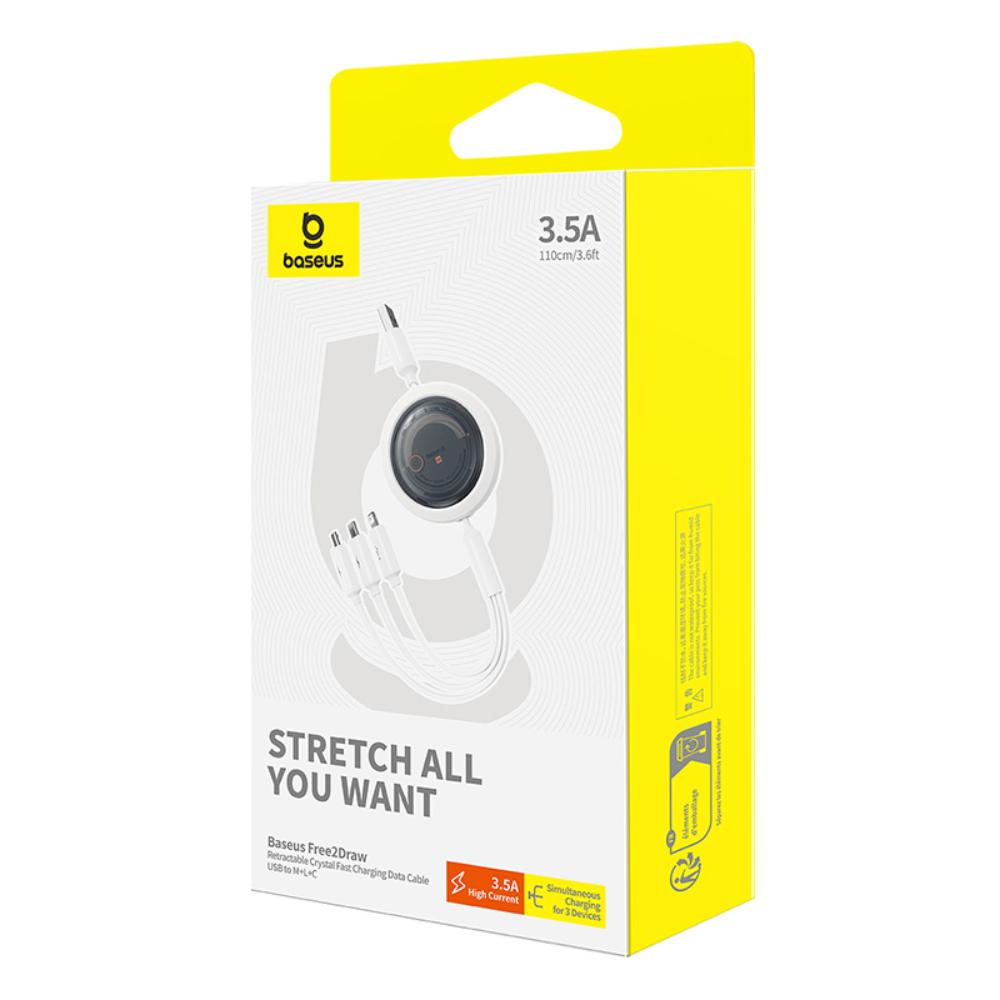 Baseus Free2Draw Uttagsbar Kristallsnabbladdningskabel USB till M+L+C 3.5A 1.1m Månvit