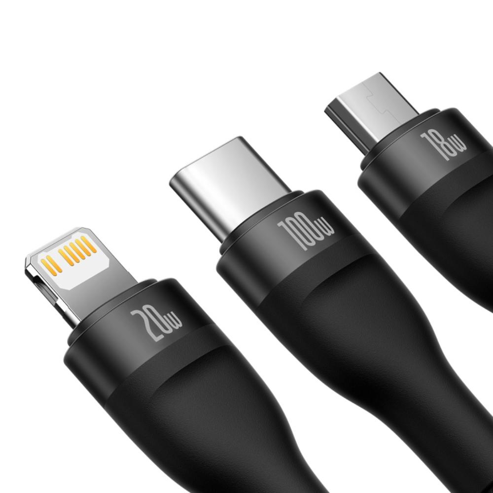 Baseus cable 3in1 Flash II USB + USB-C – Lightning + USB-C + microUSB 1,5 m 3,5A black 100W