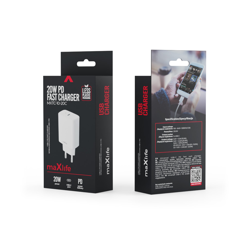 Maxlife MXTC-10-20C PD QC-laddare 1x USB-C 20W vit