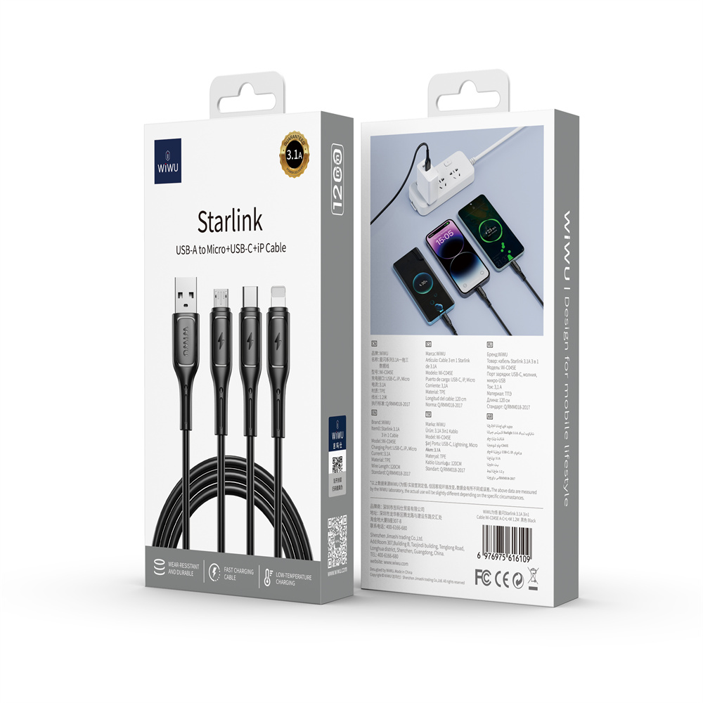 WIWU Starlink Series 3.1A 3in1 cable Wi-C045E A-C+L+M Black