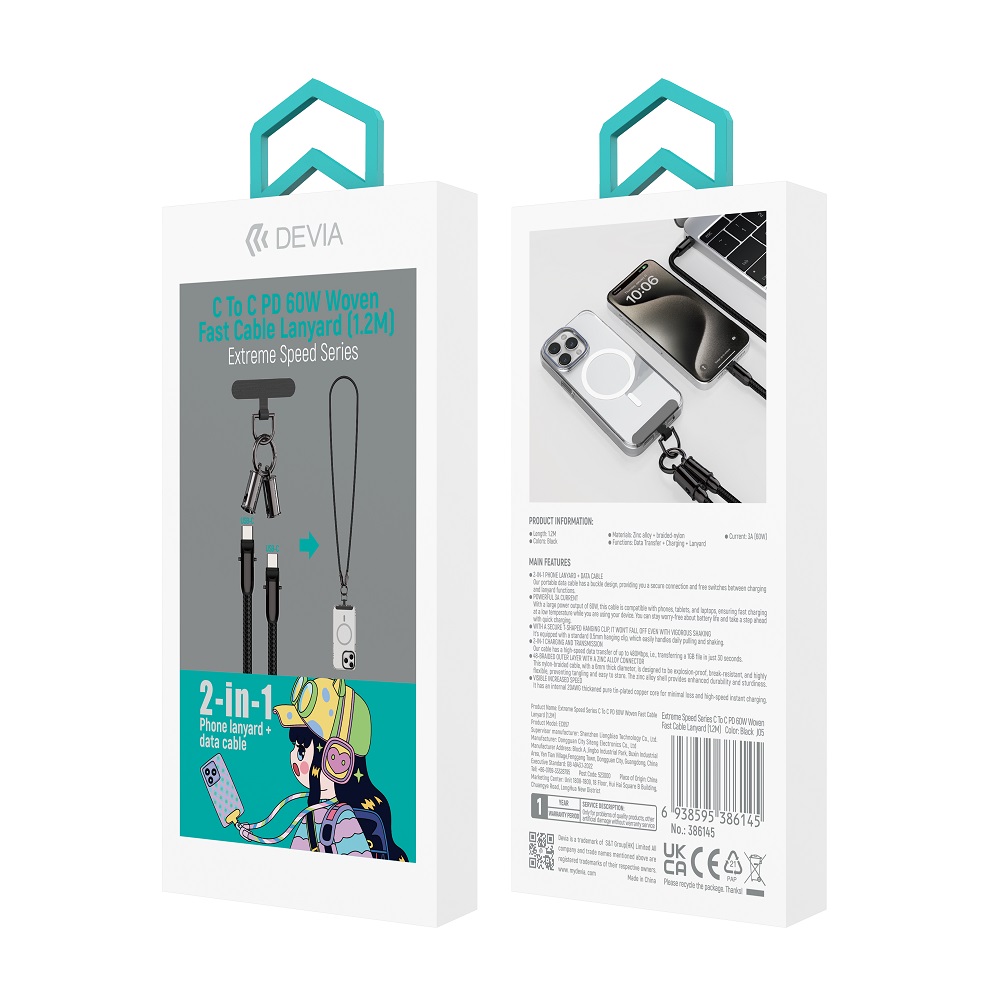 Devia kabelband 2in1 PD USB-C – USB-C 1,2 m 60W svart