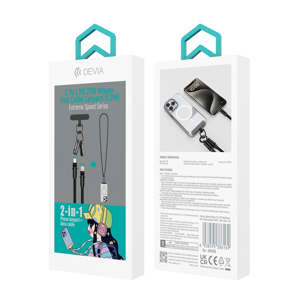 Devia sladdlina 2-i-1 PD USB-C – Lightning 1,2 m 27W svart