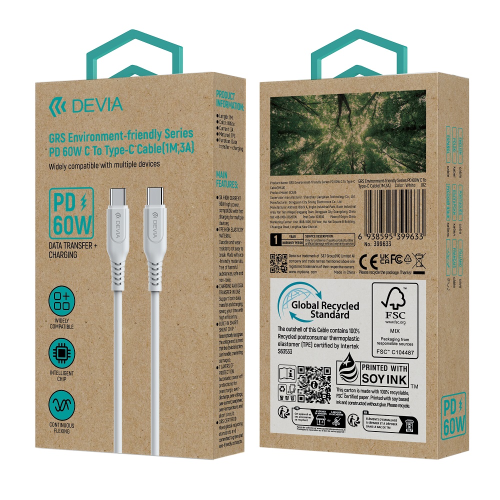Devia-kabel GRS EC636 PD USB-C – USB-C 1,0 m 60W 3A vit