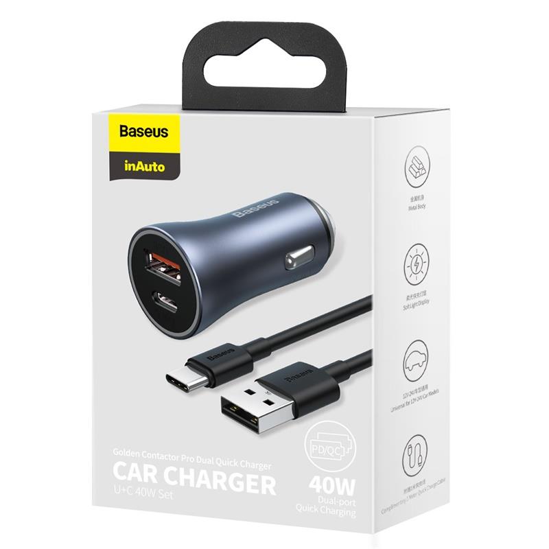 Baseus car charger Golden Contactor Pro 1x USB 1x USB-C QC 40W black + cable USB – USB-C 5A