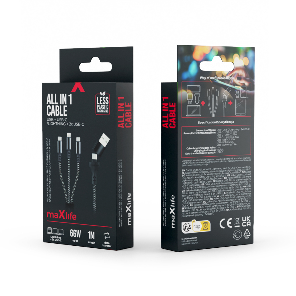 Maxlife ALLin1 cable USB + USB-C – Lightning + 2x USB-C 1,0 m 66W black