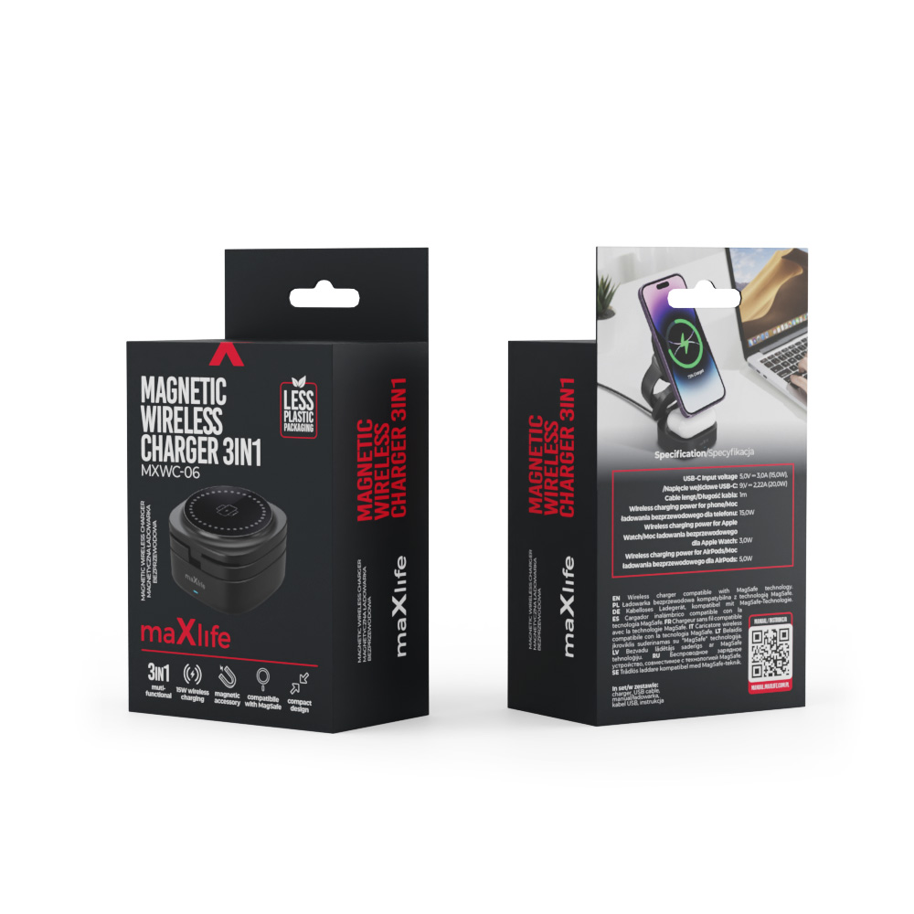 Maxlife MXWC-06 magnetisk trådlös laddare 15W svart 3-i-1