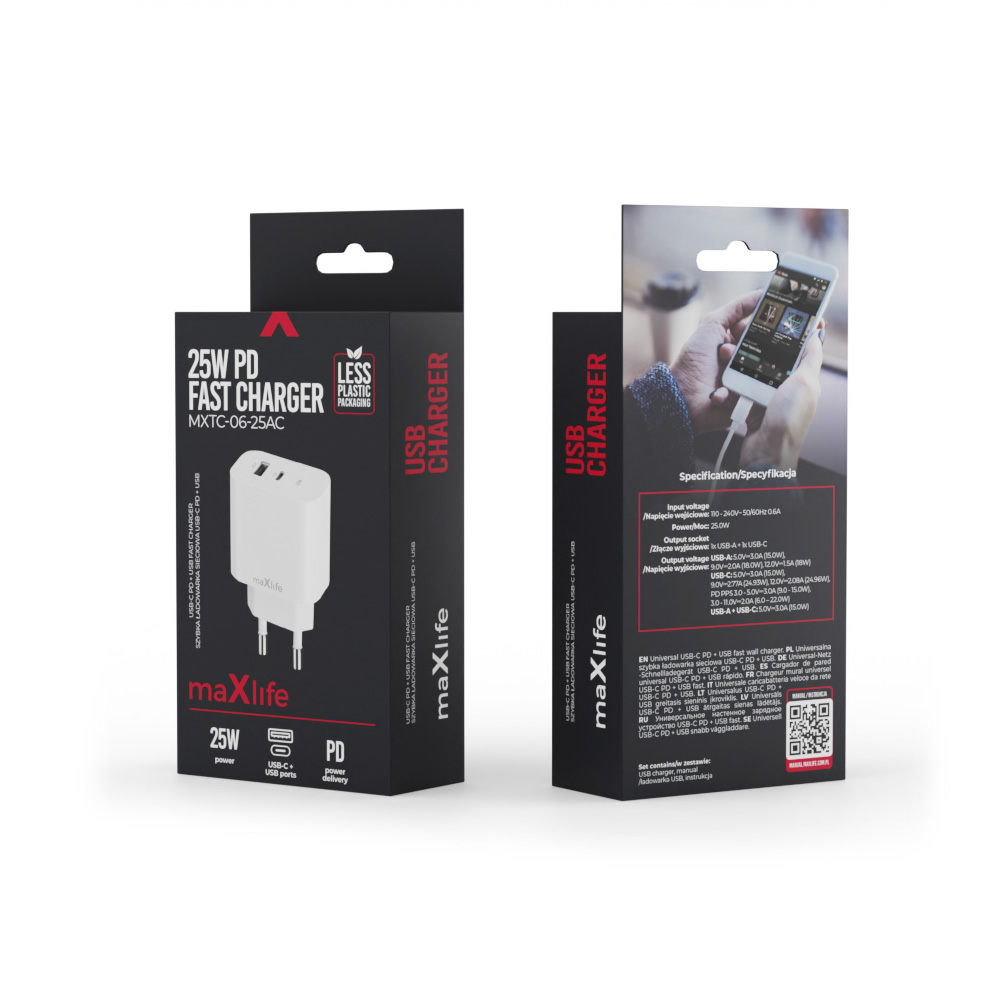 Maxlife MXTC-06-25AC PD QC charger 1x USB-C 1x USB 25W white