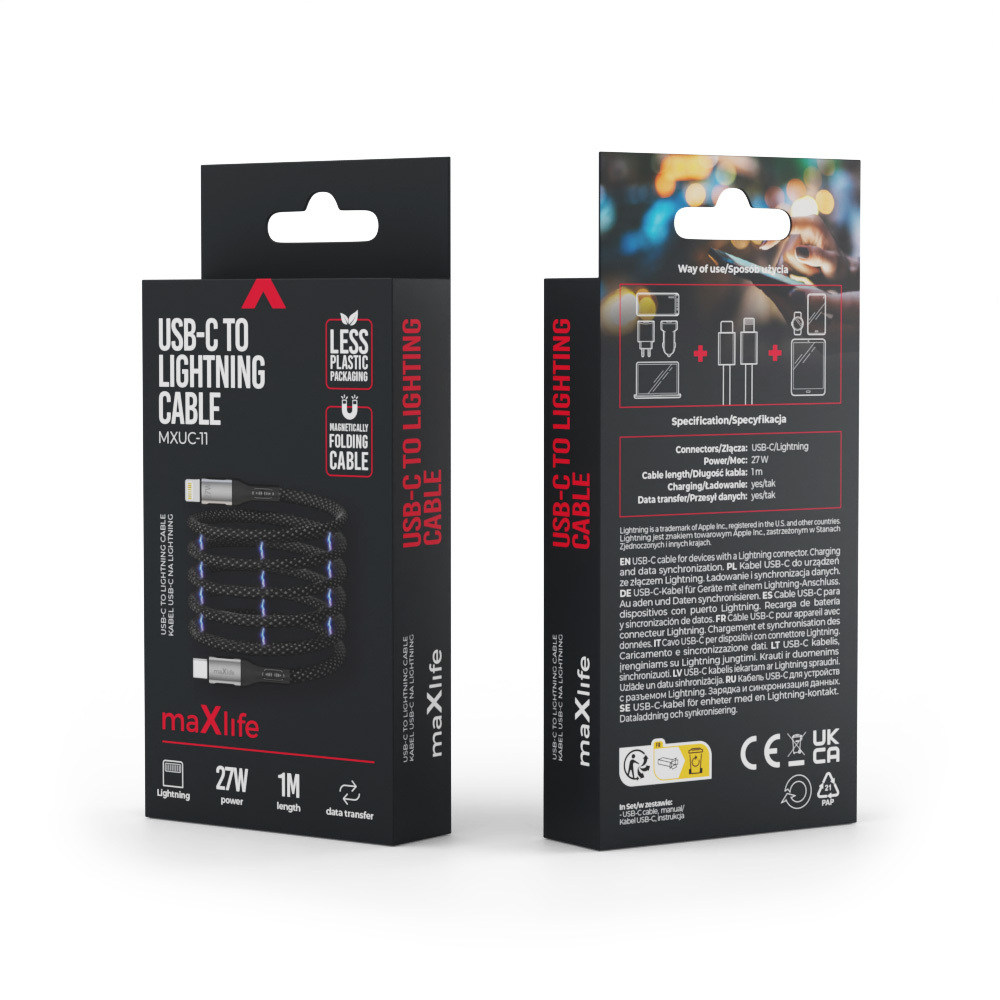 Maxlife MXUC-11 magnetic cable USB-C – Lightning 1,0 m 27W black nylon