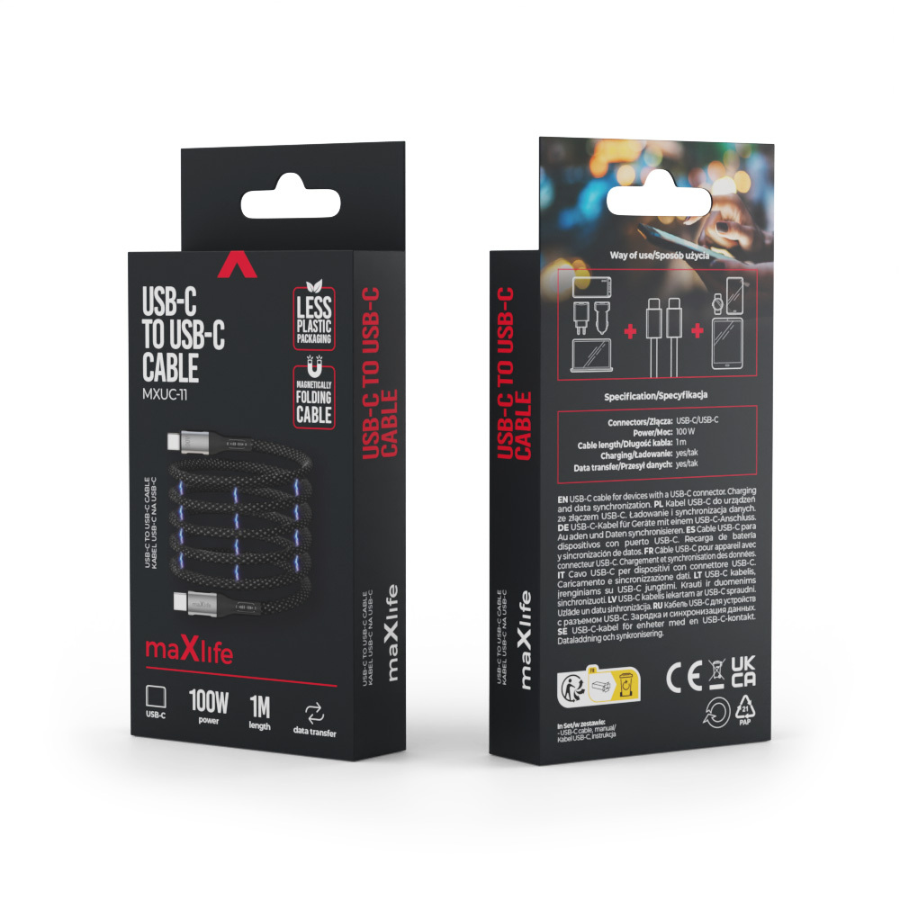 Maxlife MXUC-11 magnetic cable USB-C – USB-C 1,0 m 100W black nylon