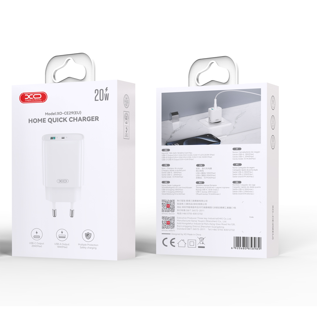 XO wall charger CE29 PD 20W 1x USB-C 1x USB white