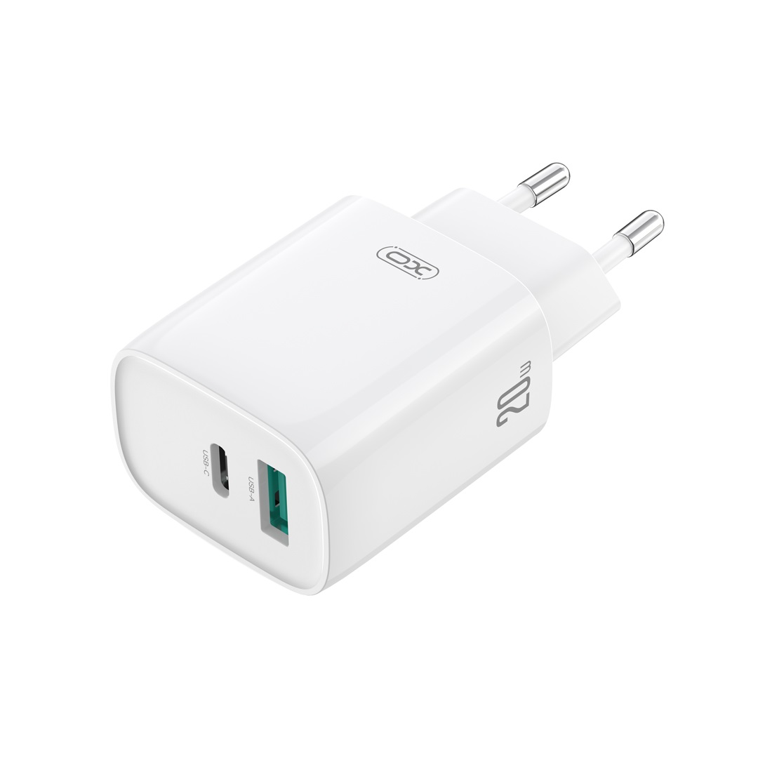 XO wall charger CE29 PD 20W 1x USB-C 1x USB white + cable USB-C – Lightning