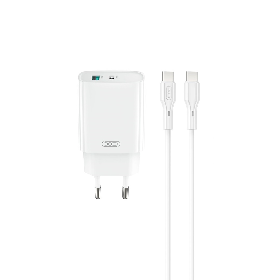 XO wall charger CE29 PD 20W 1x USB-C 1x USB white + cable USB-C – USB-C