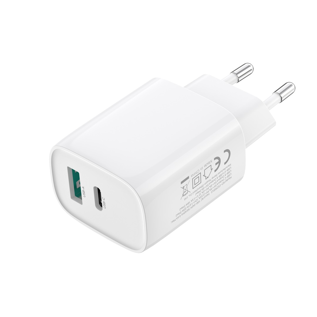 XO wall charger CE29 PD 20W 1x USB-C 1x USB white + cable USB-C – USB-C